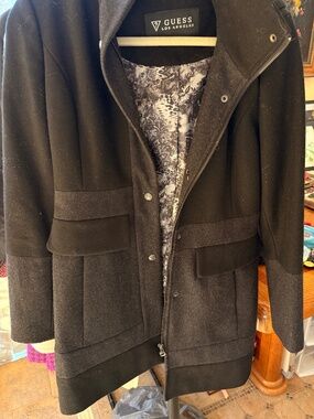 Guess Black Gray Two Toned Removable Hood Wool Warm Winter Coat Jacket